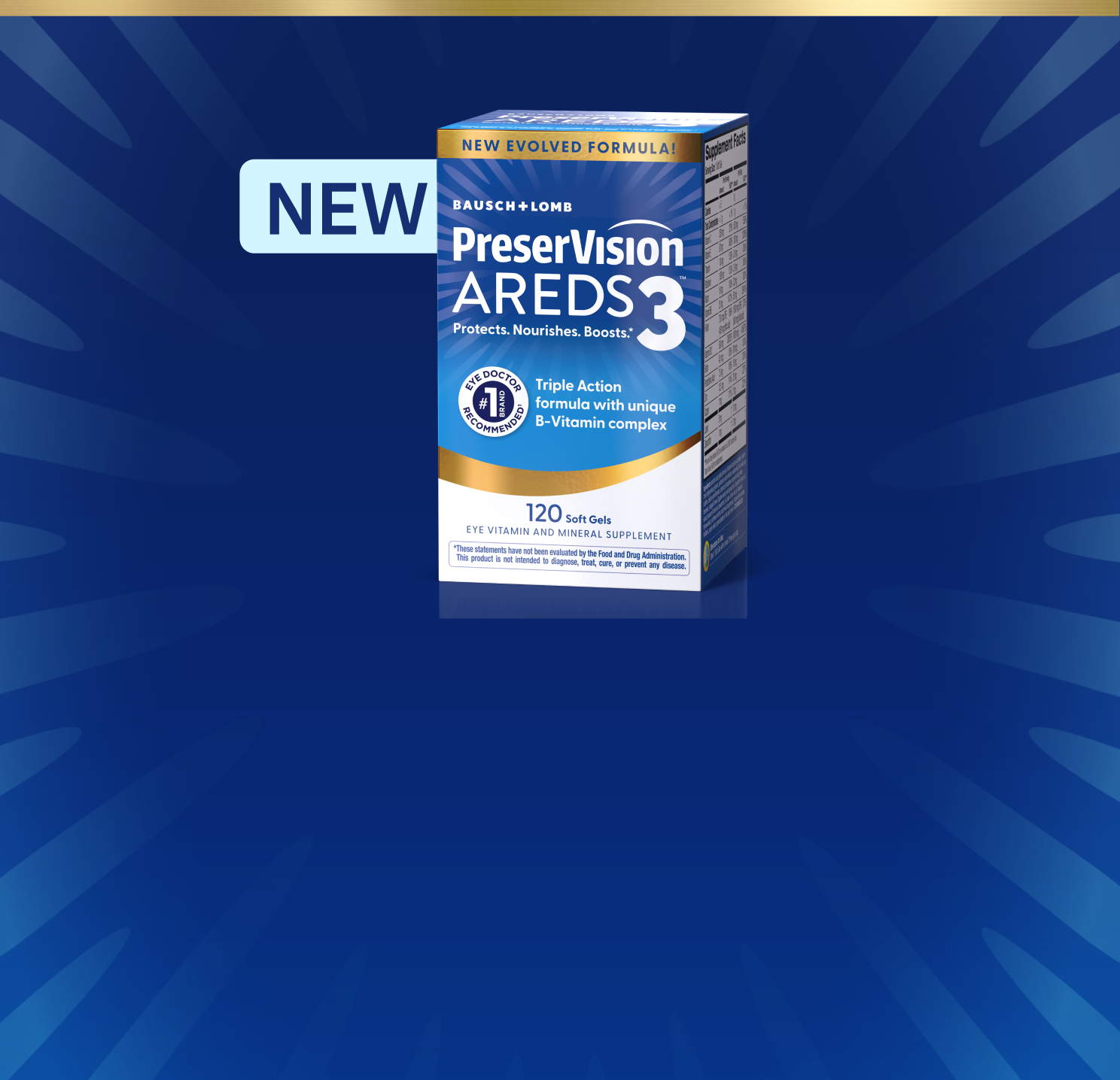 PreserVision AREDS 3 Soft Gels package with orange New sticker in the top left.