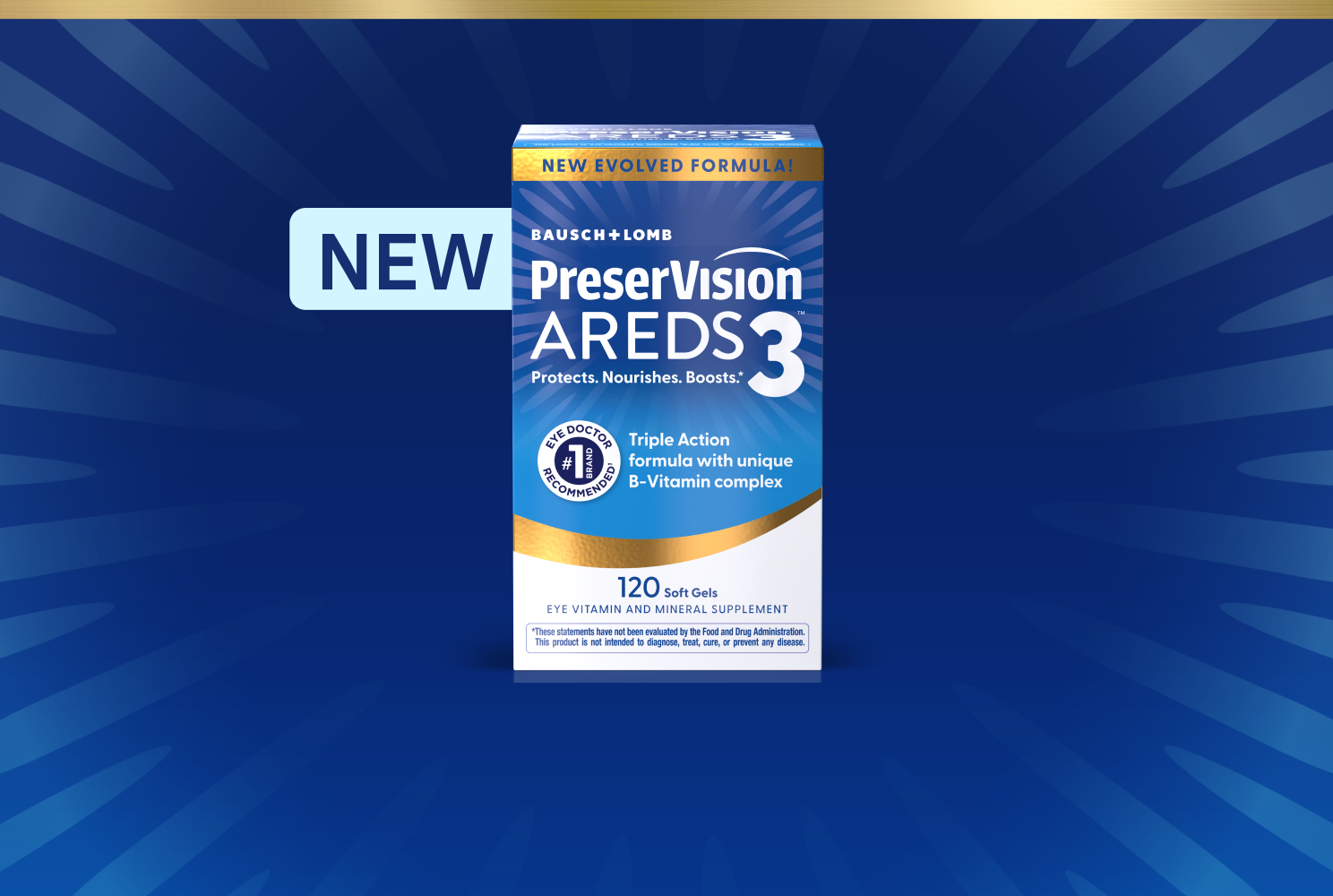 PreserVision AREDS 3 Soft Gels package with orange New sticker in the top left.