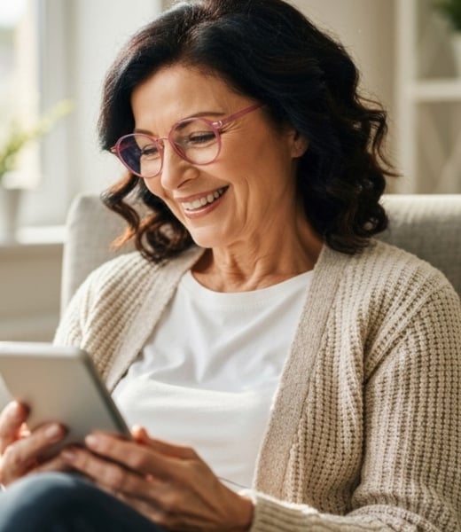 Smiling middle-aged woman wearing pink eyeglasses and a beige cardigan, sitting comfortably at home while reading news on a tablet.